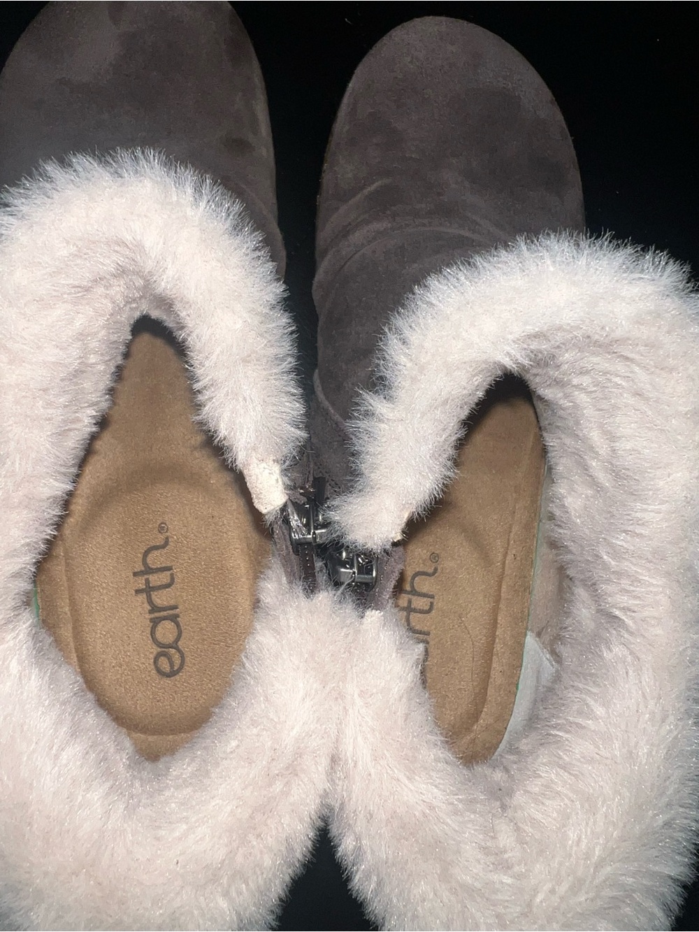 Earth Chocolate Brown Suede Ankle Boots with Cream Faux Fur - Picture 4 of 5